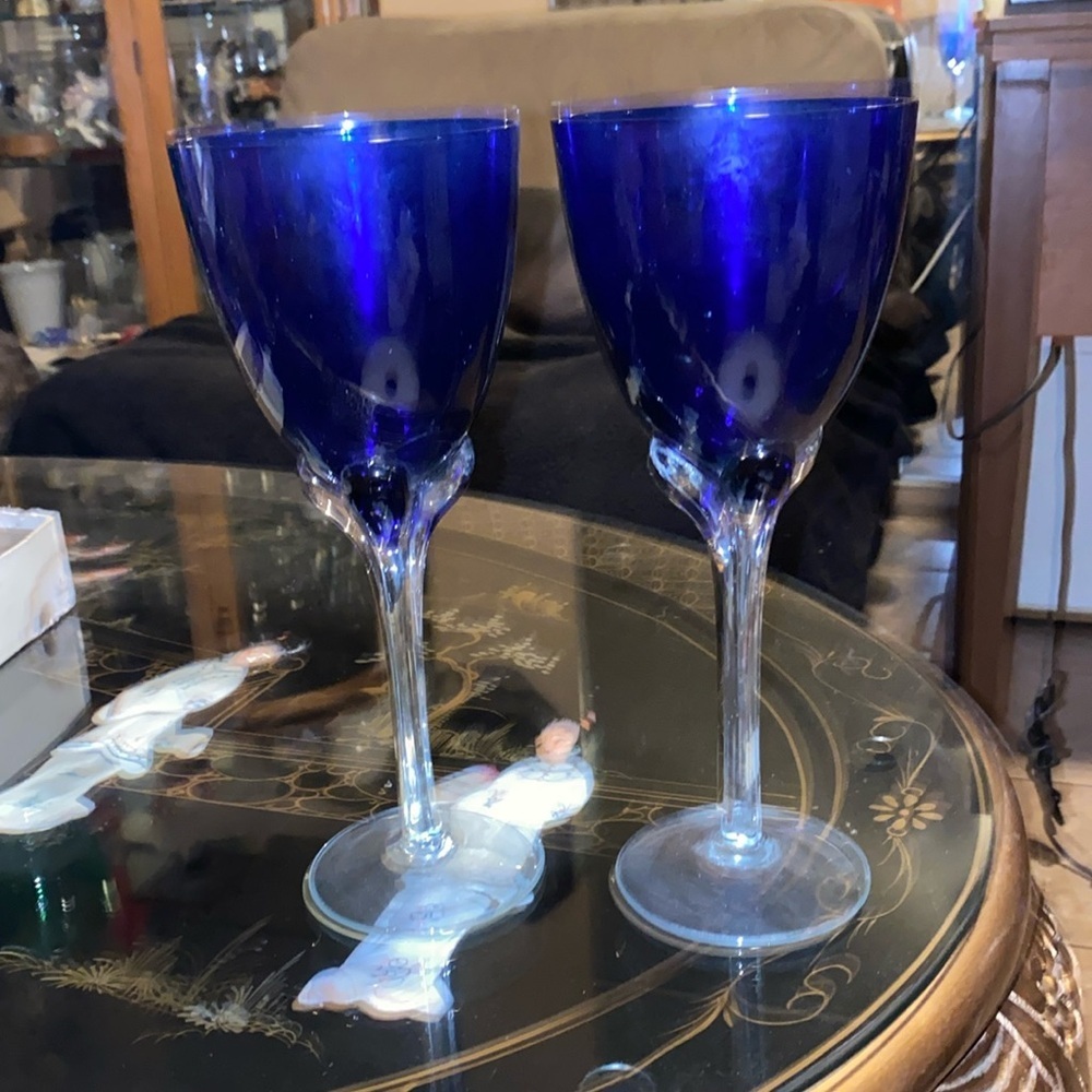 Pair of Murano Art Glass Cobalt Blue Clear Ribbed Stem Vintage Style Hand Blown